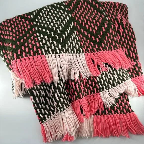Vintage Handmade Coral Pink Brown Crochet Blanket Retro Boho 82x58 - Picture 2 of 5